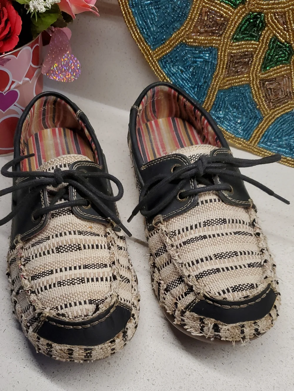TONY LAMA Beige and Black Woven Driving Loafers (sz 8.5)